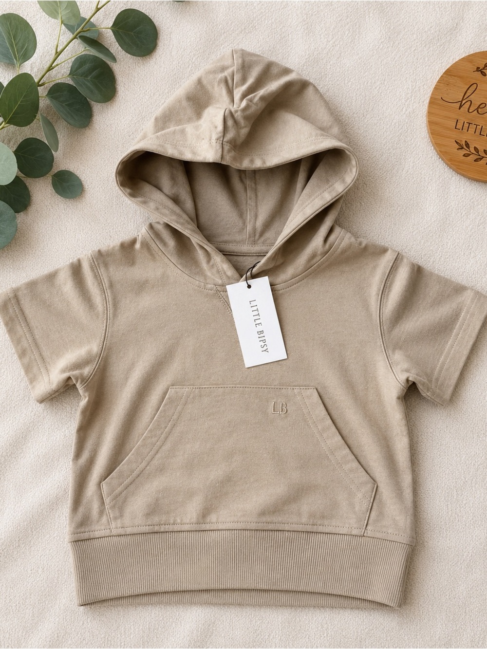 Little Bipsy Hoodie 18/24m Driftwood Tan Short Sleeve Pullover Baby NWT
